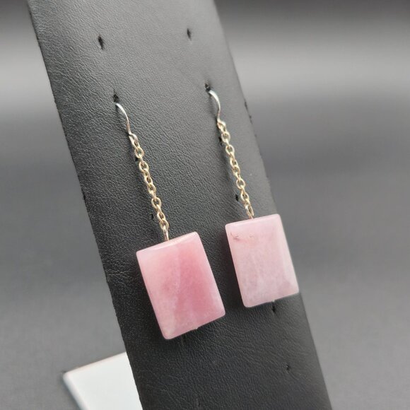 Silver Plated Rose Quartz Stone Chain Dangle Earrings A6269 - Picture 2 of 5